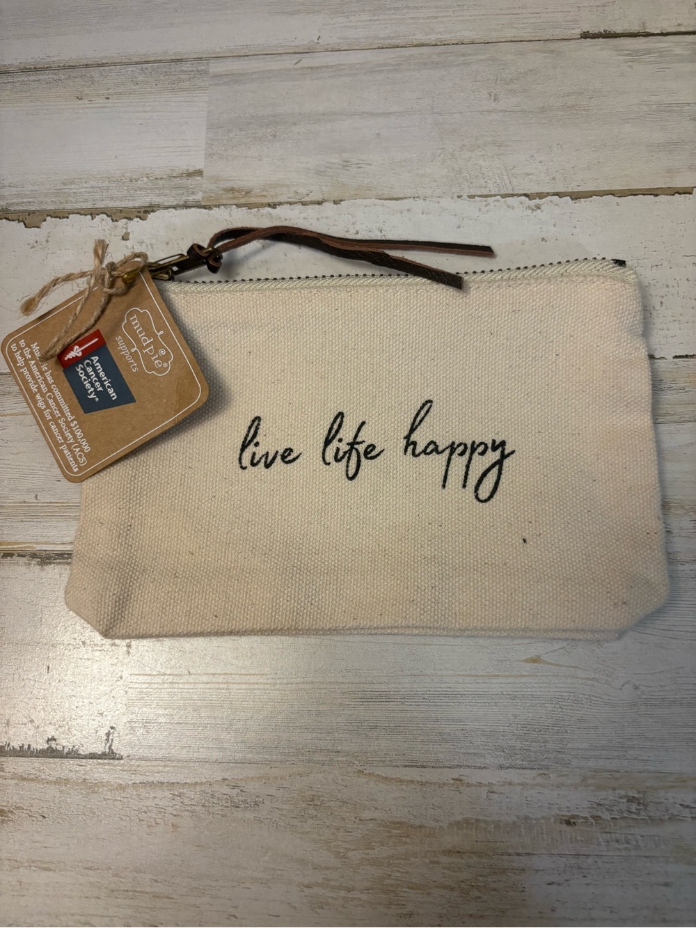 Mud Pie Canvas 'live life happy' Cosmetic Pouch - Cream with Black Script